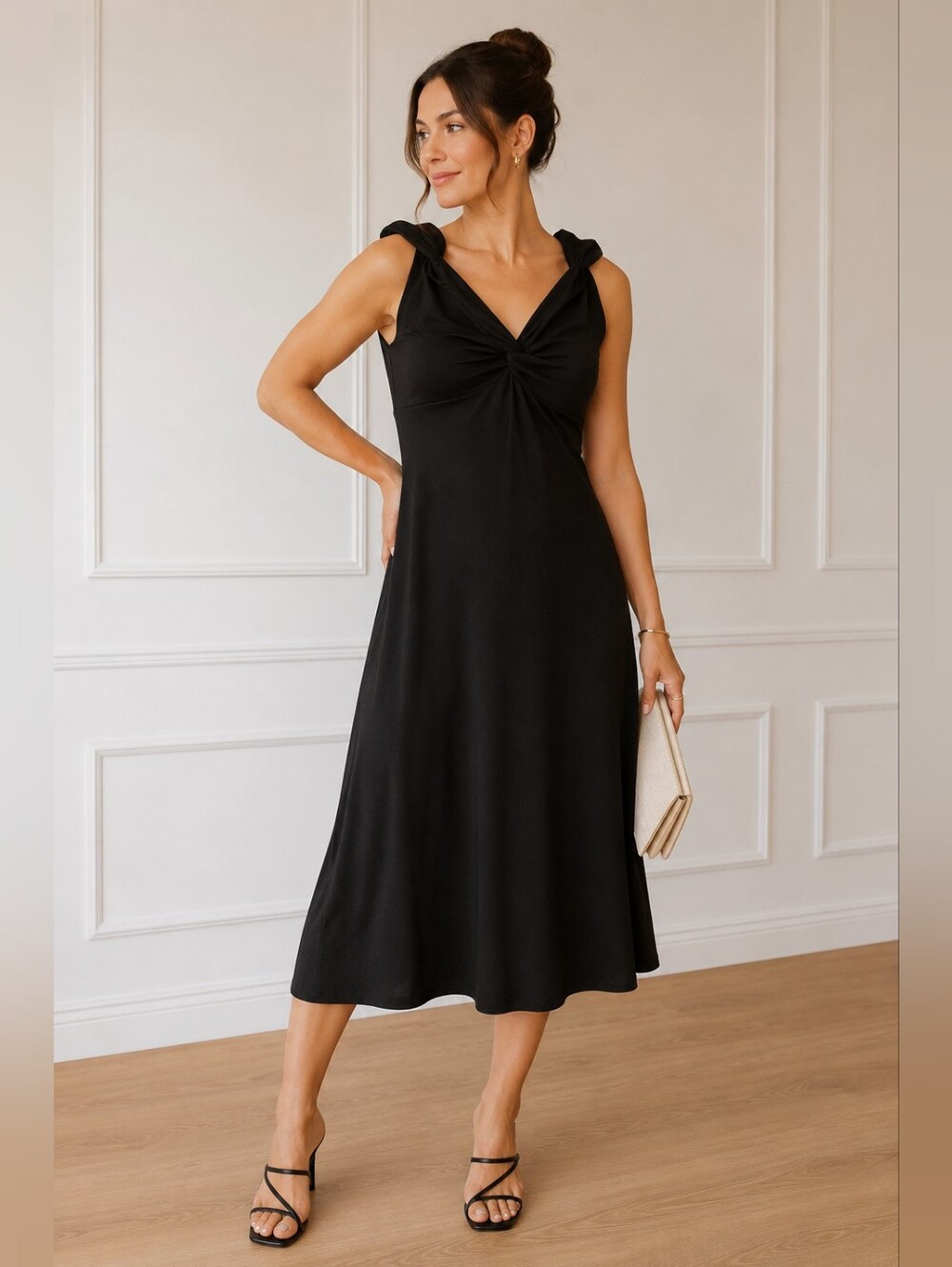Black Twist Front Midi Dress Size 12 Stretch A-Line Cocktail Church